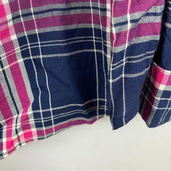 G.H. Bass Coastal Nautical Plaid Long Sleeve Lace Up Neck Blouse Large Blue Pink - Picture 6 of 9